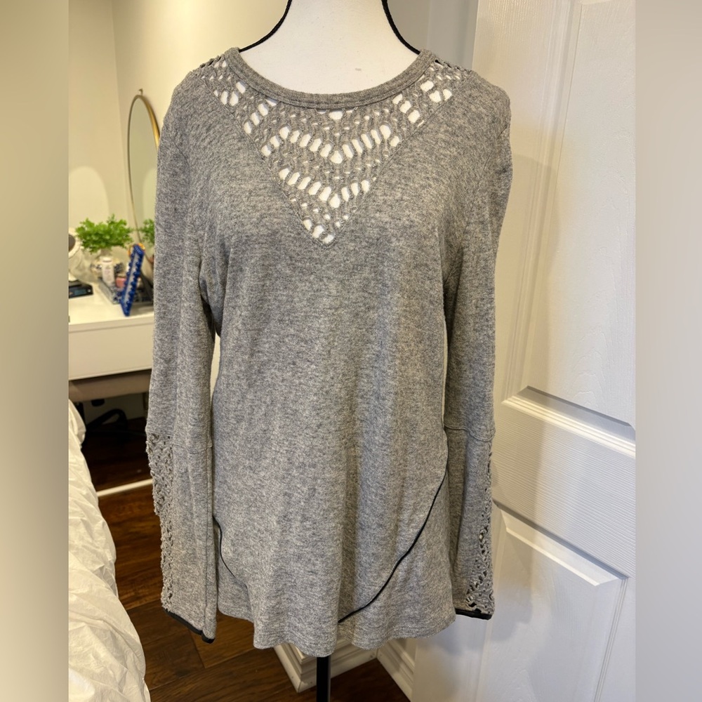 AMS Cashmere Blend Wool Knit Sweater Gray Crochet Trim Size 12